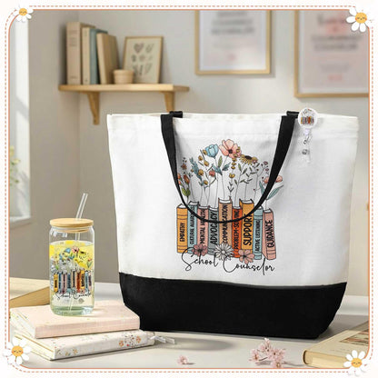 Vesici 3 Pcs School Counselor Teacher Appreciation Gifts for Women, 16 oz Glass Cup Large Canvas Tote Bag with Retractable Badge Reel Teacher Appreciation Week Gifts for Instructor Graduation Favors