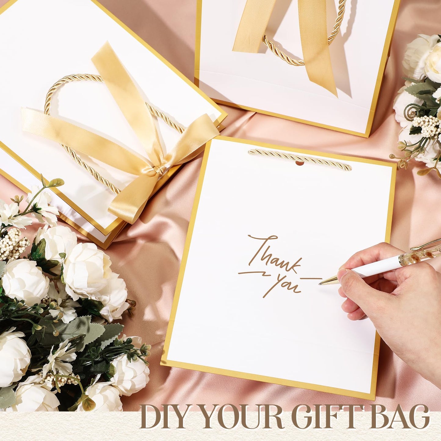 Silkfly 12 Pcs Wedding Paper Gift Bags with Handle 9x7x3.15'' Thank You Gifts Bags with Ribbon Bow Bridal Shower Gifts for Baby Shower Graduation Holiday Birthday Party Supplies (White,Gold)
