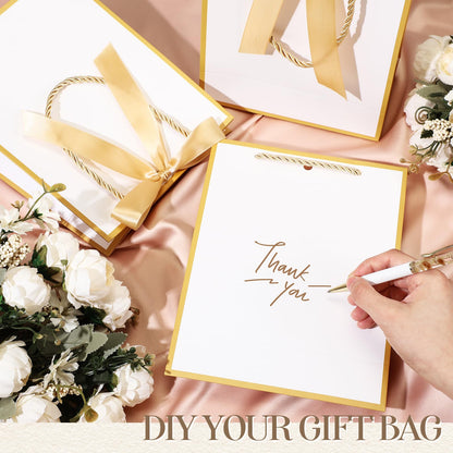 Silkfly 12 Pcs Wedding Paper Gift Bags with Handle 9x7x3.15'' Thank You Gifts Bags with Ribbon Bow Bridal Shower Gifts for Baby Shower Graduation Holiday Birthday Party Supplies (White,Gold)