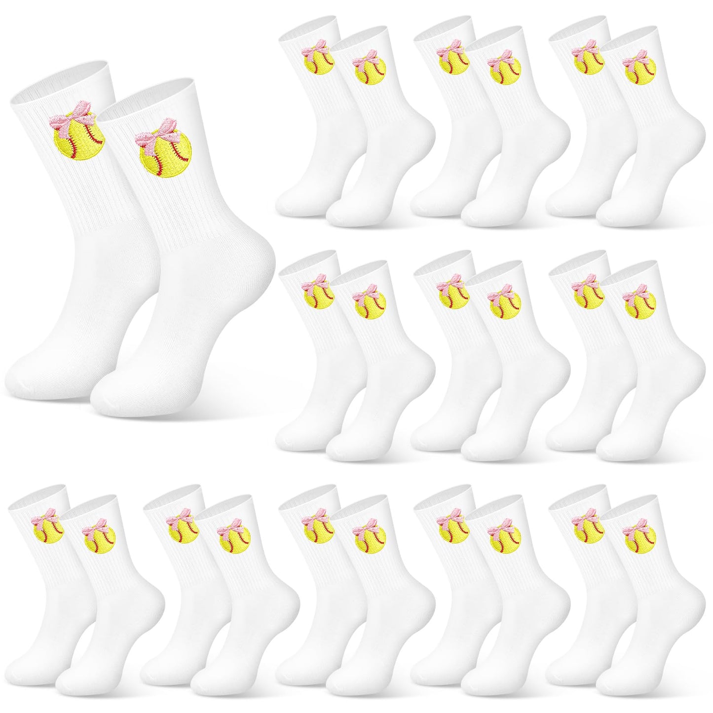 Glitopper 12 Pairs Team Socks Gifts Bulk for Women, Pink Bow Softball Embroidered Socks Gifts Bulk for Women Girls