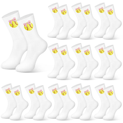 Glitopper 12 Pairs Team Socks Gifts Bulk for Women, Pink Bow Softball Embroidered Socks Gifts Bulk for Women Girls