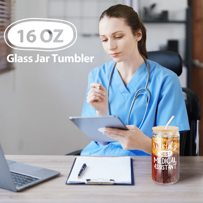 Skylety 9 Pcs Nurse Medical Assistants Gift Set for Women Trapezoid Grocery Canvas Tote Bags with Handle Glass Jar Tumbler Scented Candle Badge Reel Socks Novelty MA Nurse Week Appreciation Gift