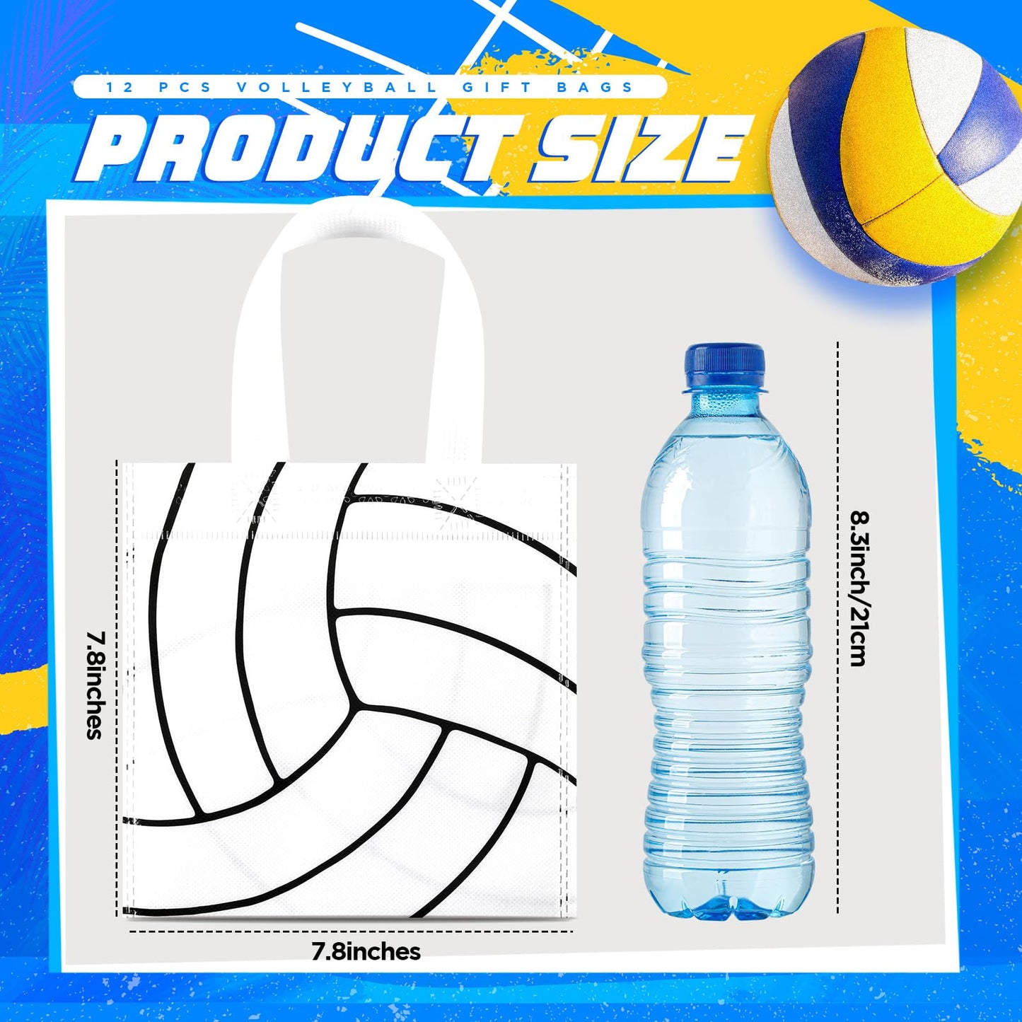 Sweetude 12 Pcs Volleyball Party Gift Bags Sports Theme Candy Goodie Bags 7.8 x 7.8 Inch Volleyball Non Woven Totes with Handles for Sports Party Favors Birthday Decor Supplies