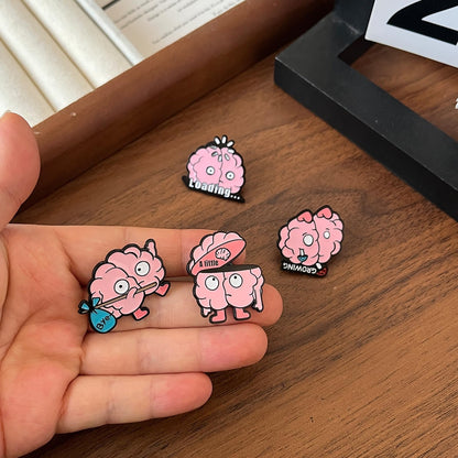 4PCS Fun Brain-Shaped Metal Pins - Neuroscience Enthusiast Gift, Clothing & Bag Accessories with Cute Expressions (Loading, Bye, Growing, A Little)