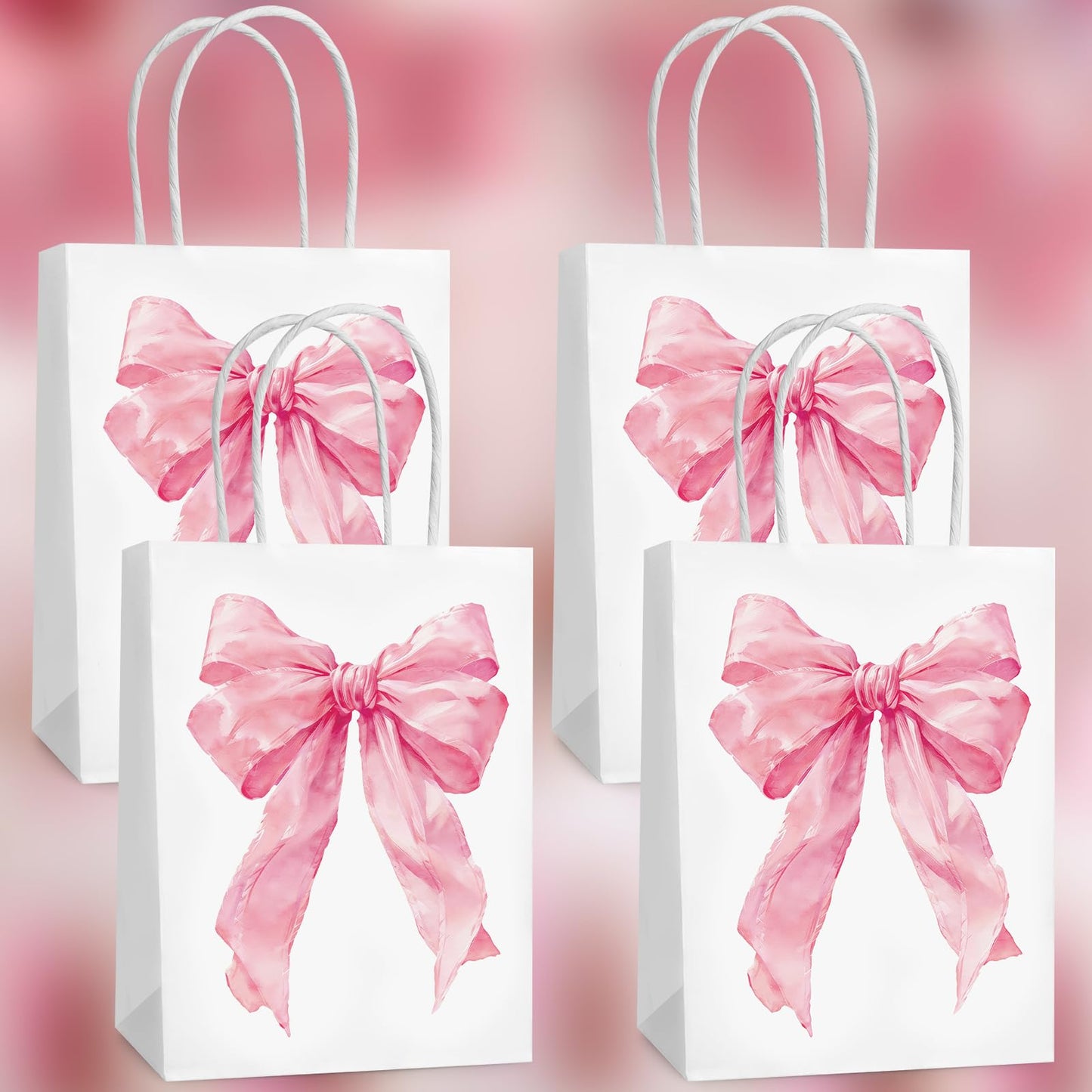 Hxezoc 12 Pieces Pink Bow Gift Bags with Handle, Paper Treat Candy Bag Girly Bow Favor Bags for Bow Theme Bachelorette Party Birthday Party Decoration Supplies