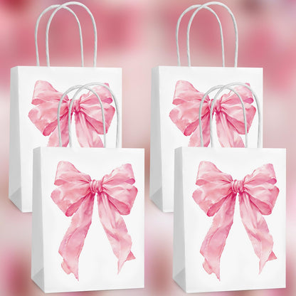 Hxezoc 12 Pieces Pink Bow Gift Bags with Handle, Paper Treat Candy Bag Girly Bow Favor Bags for Bow Theme Bachelorette Party Birthday Party Decoration Supplies