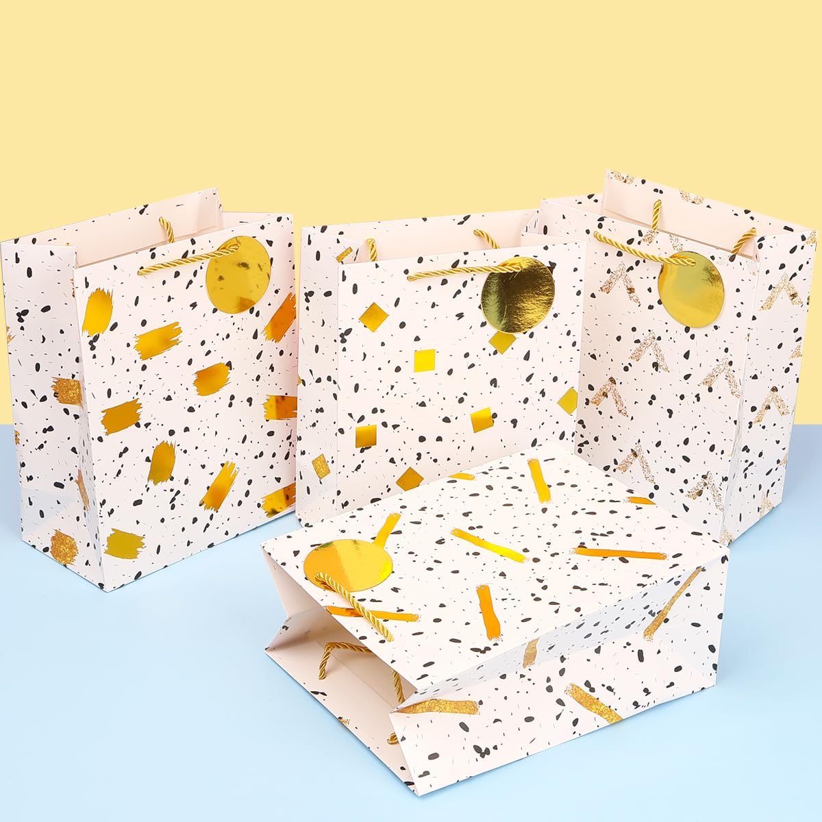 ZJHiome Medium Gift Bags, 4 Pack 9'' Gold Paper Bag with Tissue Paper Metallic Gift Bag for Graduation Birthday Anniversary Wedding Baby Shower(Gold)