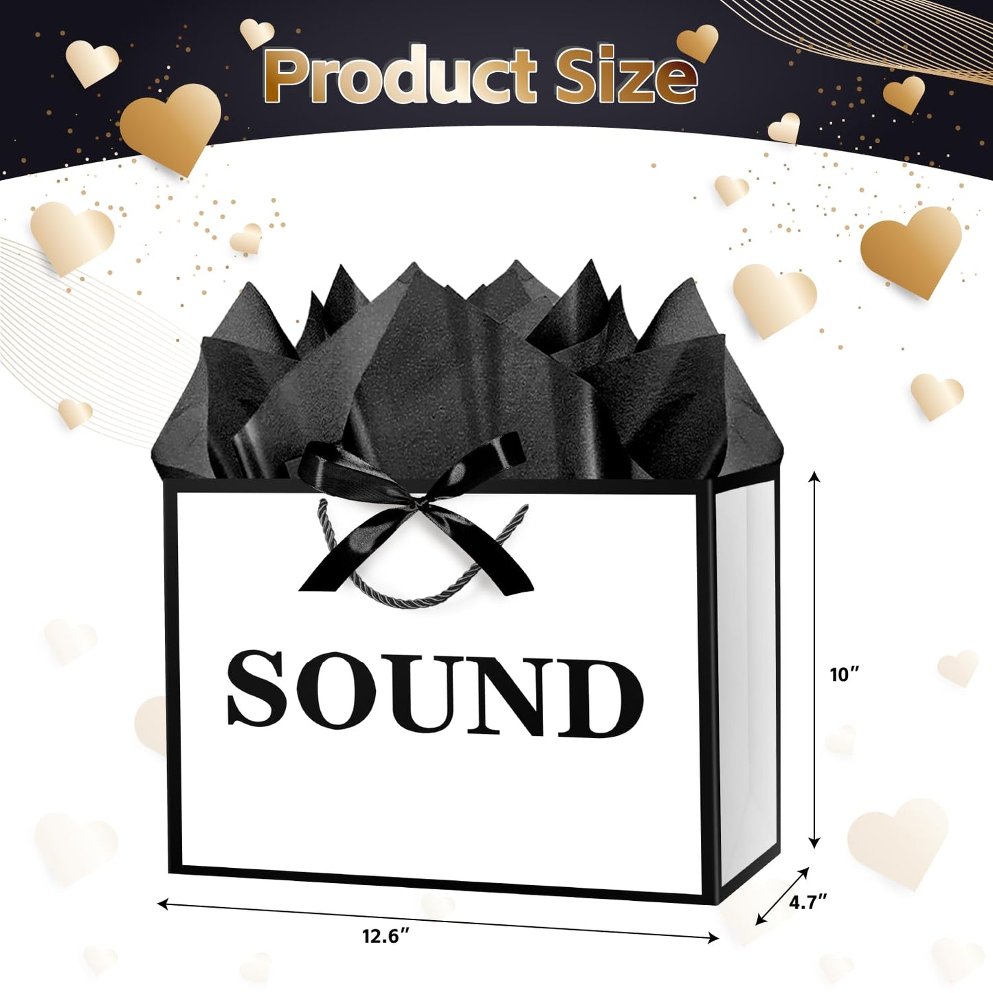 JWSCYSY 12.6" 5 Senses Gift Bags with Tissue Papers and Ribbons for Men, Women, Him Her Birthday, Anniversary, Wedding, Valentine's Day (White Black)
