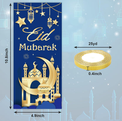 Whaline 100 Pcs Eid Mubarak Cellophane Bags with Ribbon Ramadan Plastic Treat Bags Blue Gold Candy Goodie Bags for Islamic Muslim Party Snack Cookie Packing Supplies