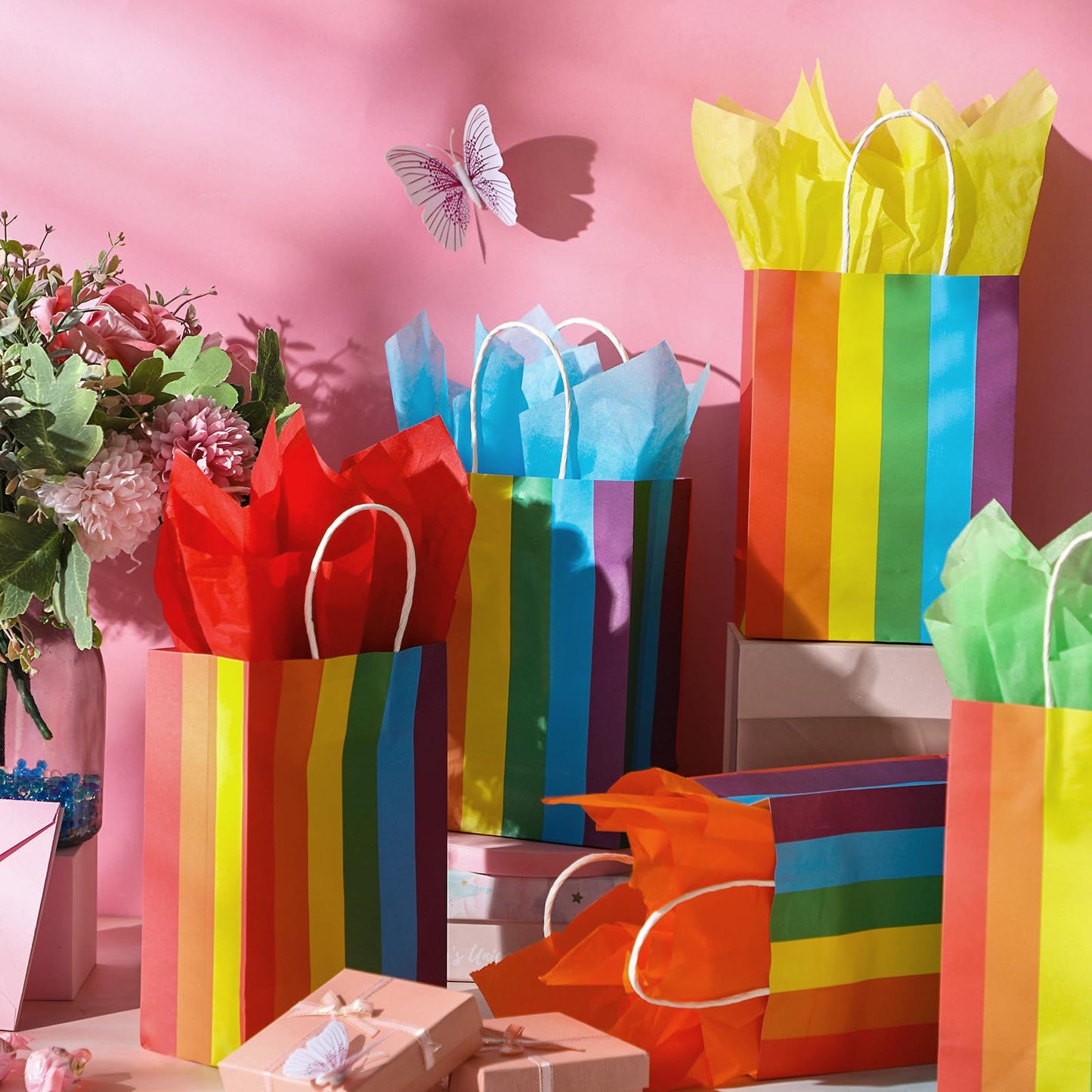TaoBary 36 Pcs Rainbow Party Treat Bags Rainbow Gift Bags Colorful Stripes Kraft Paper with Handles and Colorful Tissue Paper for Gay Parade Festival Party Supplies