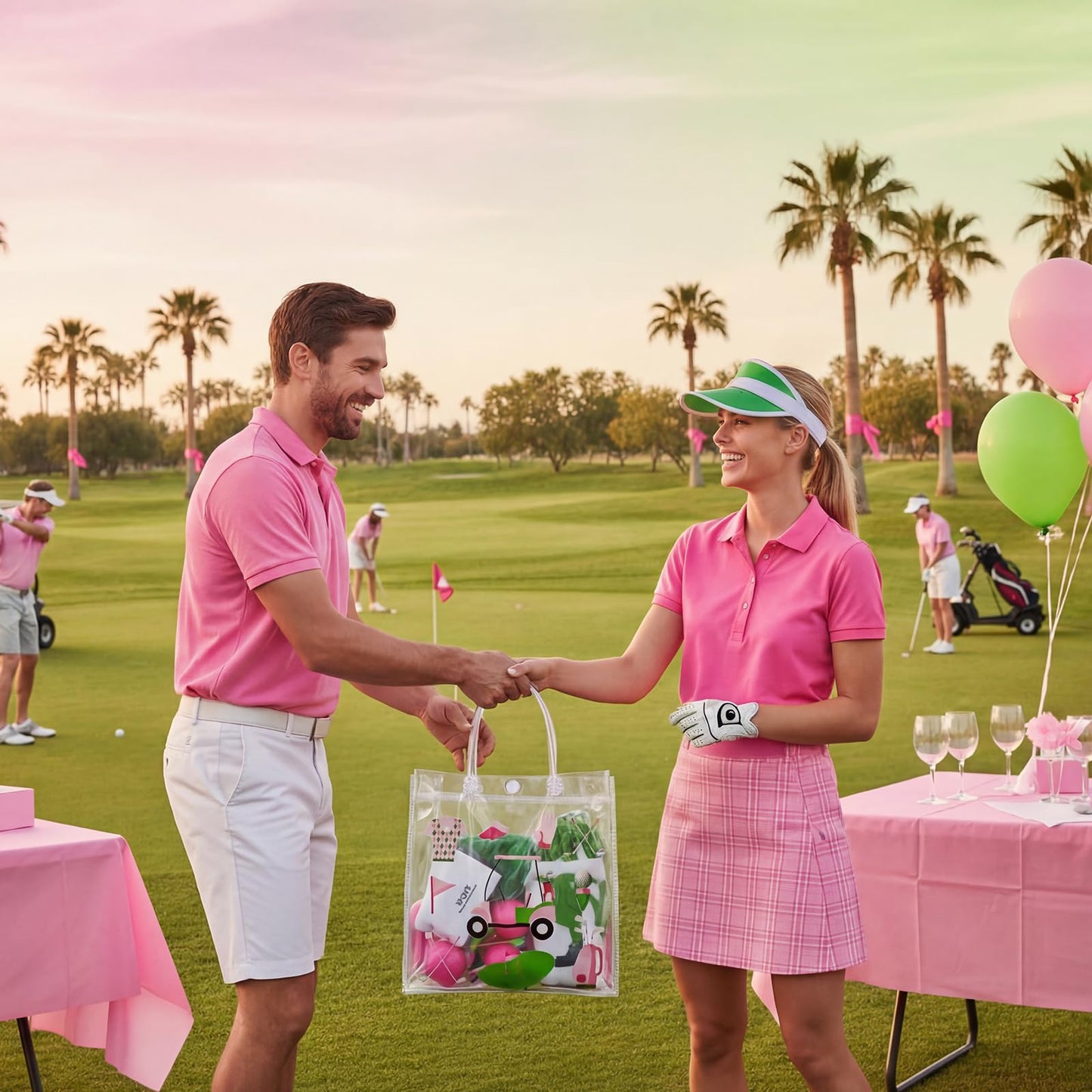 Sweetude 24 Pieces Golf Gift Goodie Bags with Handles 8x8x3.15 Inch Pink and Green PVC Golf Theme Party Favor Clear Treat Bags Bulk for Sports Party Competition Team Birthday Gifts
