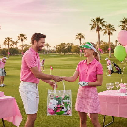 Sweetude 24 Pieces Golf Gift Goodie Bags with Handles 8x8x3.15 Inch Pink and Green PVC Golf Theme Party Favor Clear Treat Bags Bulk for Sports Party Competition Team Birthday Gifts
