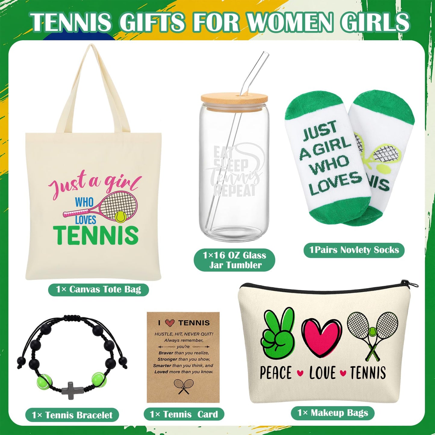 Chunful 6 Pcs Tennis Gifts Set for Teen Girls & Women Team Essentials Accessories Include 16 oz Glass Jar Tumbler Canvas Tote Bag Makeup Bags Novelty Socks Bracelets for Lover Coach
