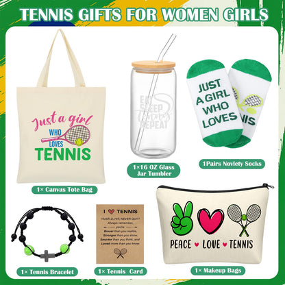 Chunful 6 Pcs Tennis Gifts Set for Teen Girls & Women Team Essentials Accessories Include 16 oz Glass Jar Tumbler Canvas Tote Bag Makeup Bags Novelty Socks Bracelets for Lover Coach