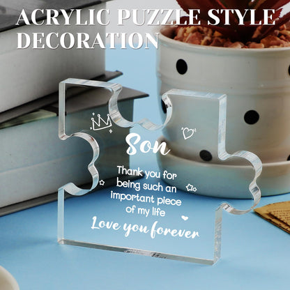Funnli Gifts for Son from Mom, Fathers Day Graduation Christmas Valentines Day Wedding Easter Gifts for Son Acrylic Puzzle Plaque, Birthday Gifts for Son 3.35 x 2.76 Inch Desk Decorations