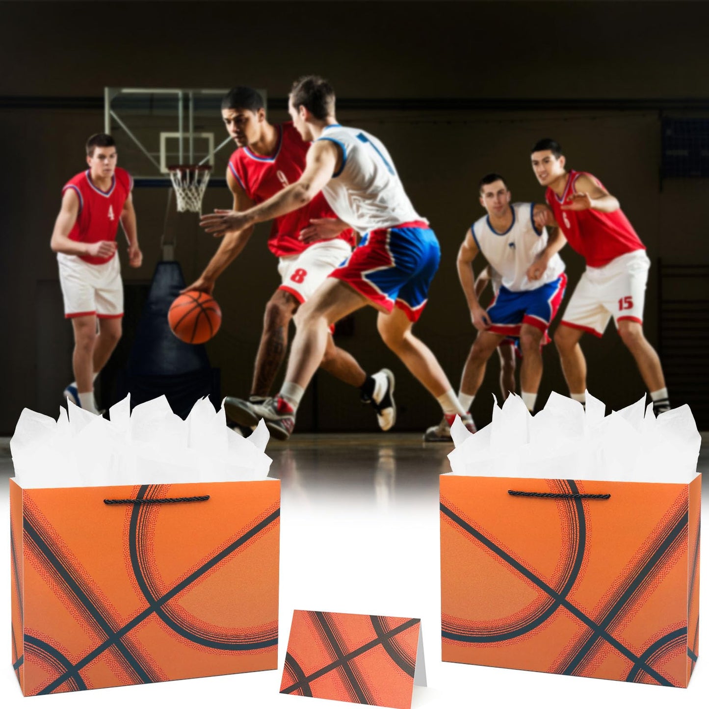 Oletx 13” Basketball Party Favor Gift Bags, Large Basketball Gift Wrapping Bag with Tissue Paper for Sports Party Birthday Goodie Gifts Treat Wrapping Bags