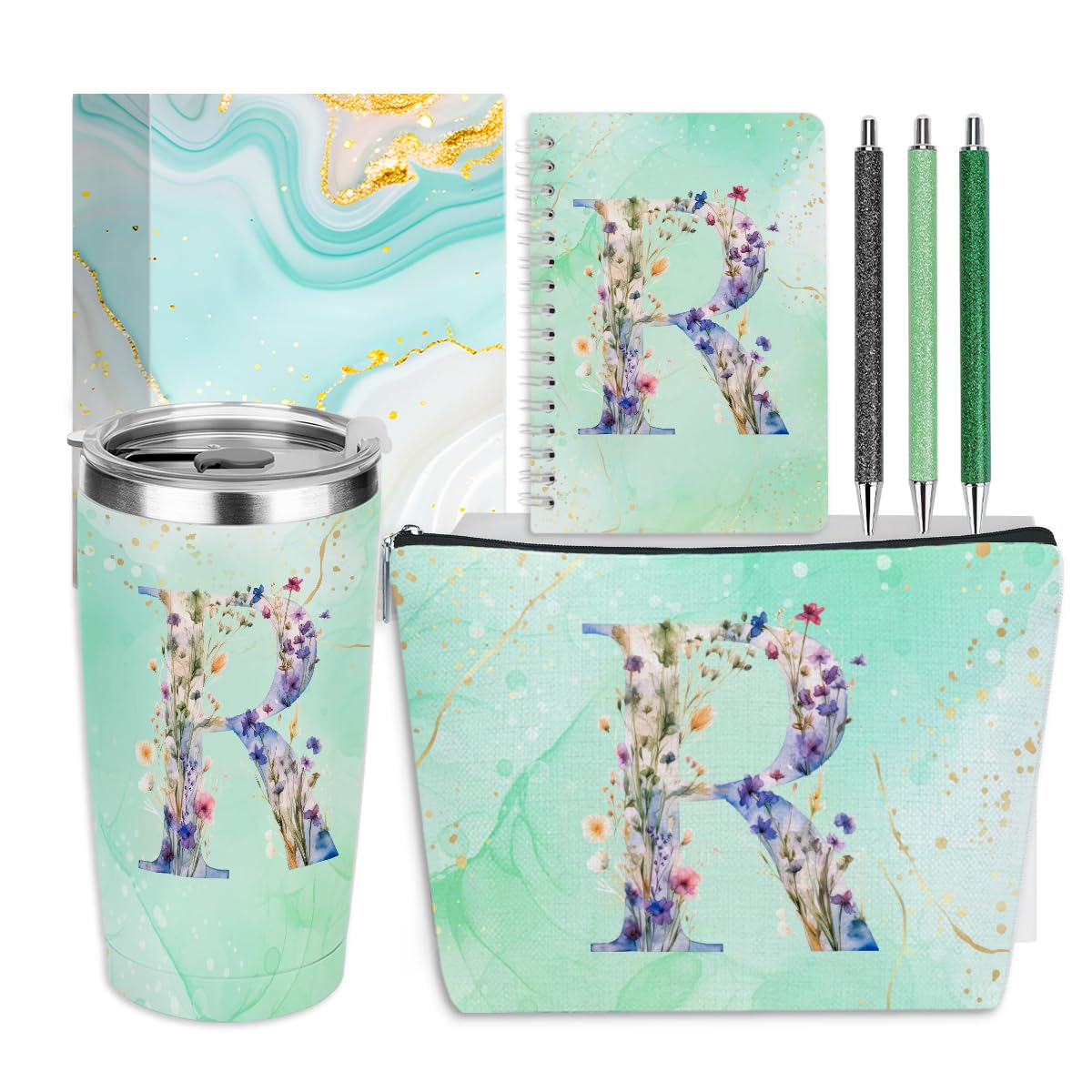 Personalized Gifts Monogrammed Birthday Gifts for Women, New Mom, Grandma Thank You Christmas, Initial 20 oz Tumbler, Makeup Cosmetic Bag Cup Pens Journal Notebook 6 Set, (Aesthetic Green Flower R)