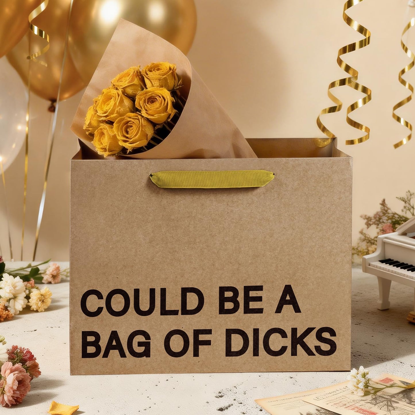 WRAPAHOLIC 13" Large Funny Birthday Kraft Paper Gift Bag - Could Be a Bag of Dicks Design Paper Bags for Friends Birthday and Valentine's Day