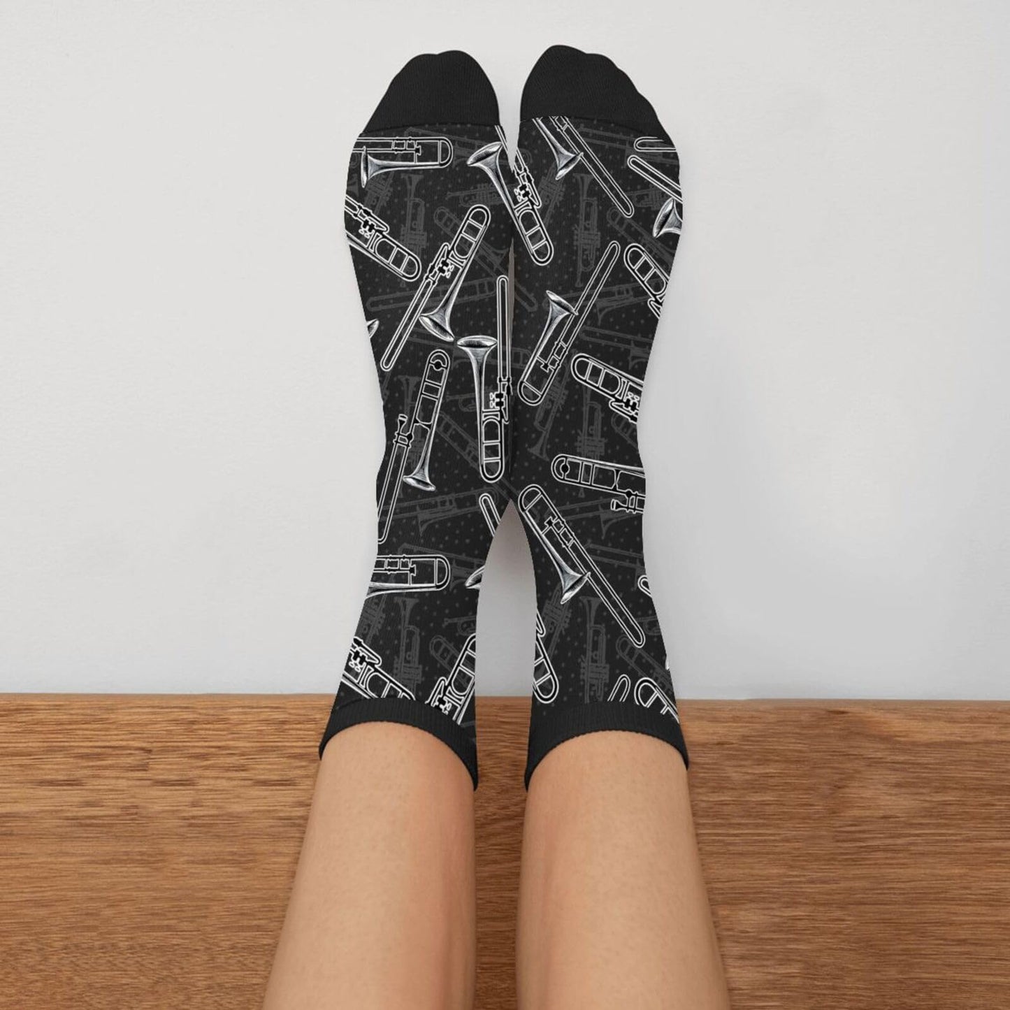 YISHOW Black White Trombones Vintage Unisex Novelty Crew Socks Casual Funny Crazy Dress Socks Gift