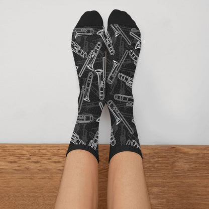 YISHOW Black White Trombones Vintage Unisex Novelty Crew Socks Casual Funny Crazy Dress Socks Gift