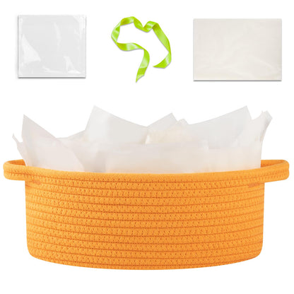 OIAHOMY Gift Basket with Handle, Small Woven Basket with Gift Bag, Ribbon and Wrap Tissue Paper, Nursery Bins Empty to Fill with Small Items, Baby, Pet Toy Organizer - Orange
