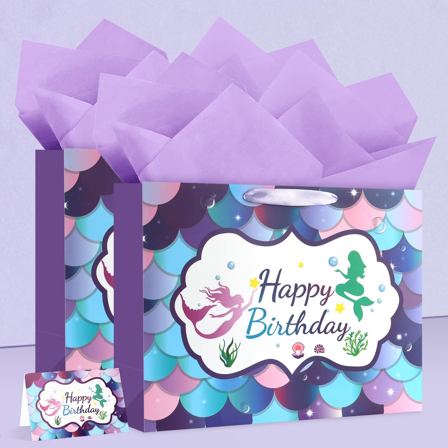 JMANNI Large Happy Birthday Gift Bag with Tissue Papers and Greeting Card,Portable Paper Mermaid Gift Bags with Handles,Purple Present Bags for Women Girls Birthday Party Supplies13 x 10.2" x4.7"