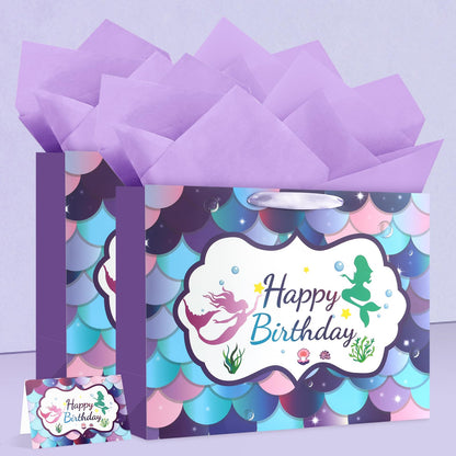 JMANNI Large Happy Birthday Gift Bag with Tissue Papers and Greeting Card,Portable Paper Mermaid Gift Bags with Handles,Purple Present Bags for Women Girls Birthday Party Supplies13 x 10.2" x4.7"