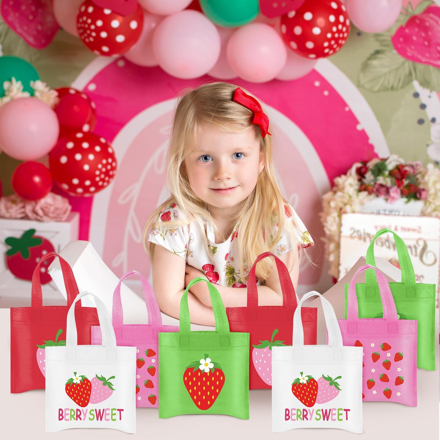 20Pcs Strawberry Party Favor Bags, Strawberry Party Decorations Strawberry Non-Woven Candy Goody Treat Bag for Strawberry Fruit Theme Baby Shower Sweet One Strawberry Birthday Wedding Snack Gifts Bags
