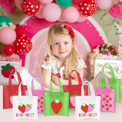 20Pcs Strawberry Party Favor Bags, Strawberry Party Decorations Strawberry Non-Woven Candy Goody Treat Bag for Strawberry Fruit Theme Baby Shower Sweet One Strawberry Birthday Wedding Snack Gifts Bags