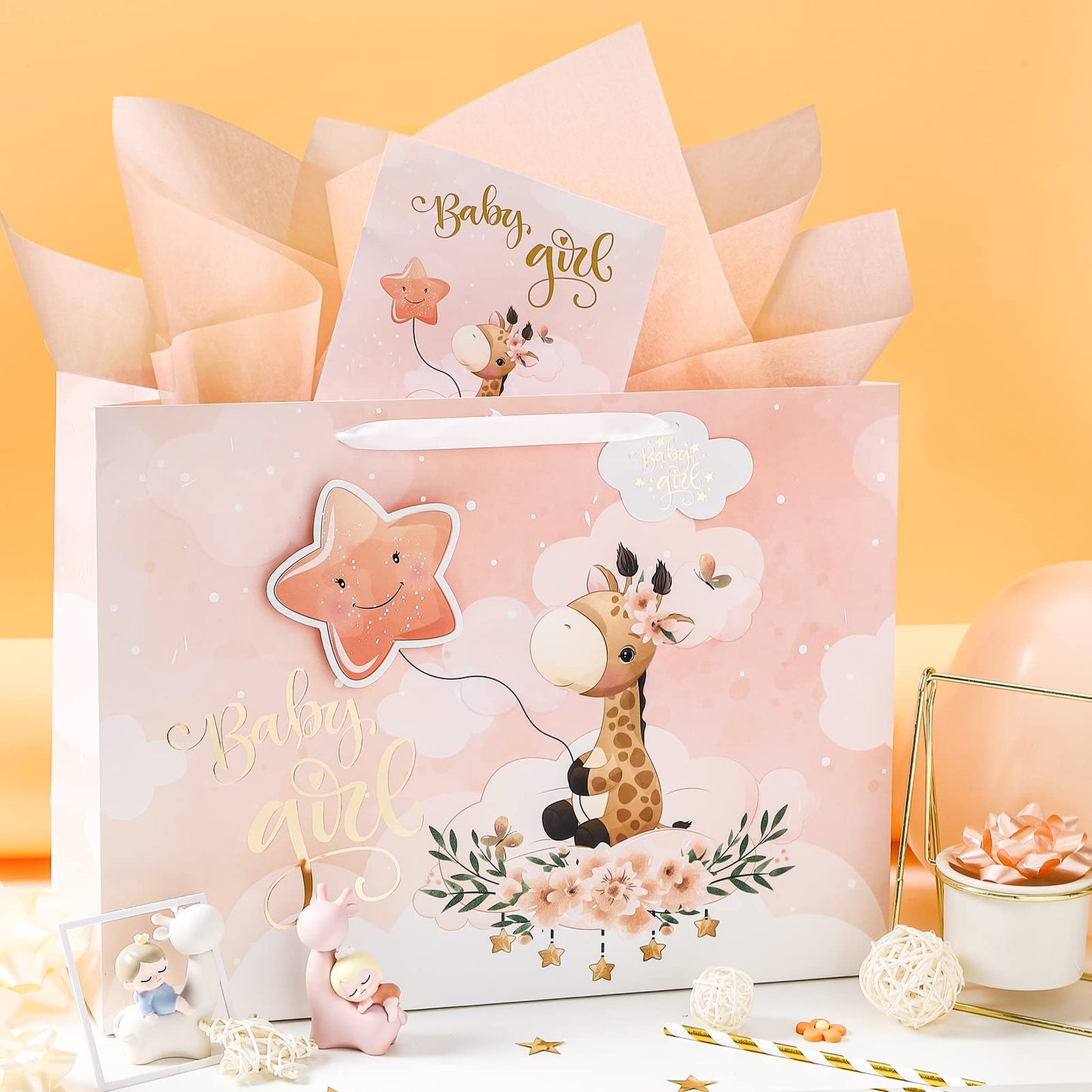 WRAPAHOLIC 16" Extra Large Baby Girl Gift Bag with Card and Tissue Paper - For Baby Shower, New Baby