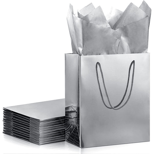 TaoBary 12 Pack Silver Gift Bags with Tissue Paper, 9''x8''x4'' Metallic Paper Bags with Handles, Medium Size for Wedding, Birthday, Baby Shower Party Favors