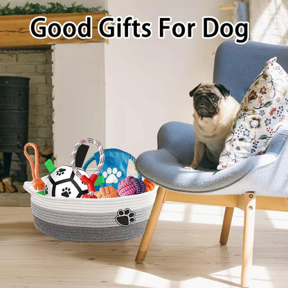 7 Pcs Puppy Dog Toys Storage Basket Set Dog Gift Chew Toys for Teething Squeaky Plush Duck Rope Woven Basket with Handles for Small Puppy