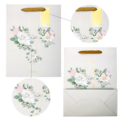 LeZakaa 13" Cross Gift Bag with Flower Design, Silver Christian Gift Bag with Tissue Paper, Gift Tag and Card for Christenings, Religious First Holy Communion, Confirmation, Weddings, Clergy Day