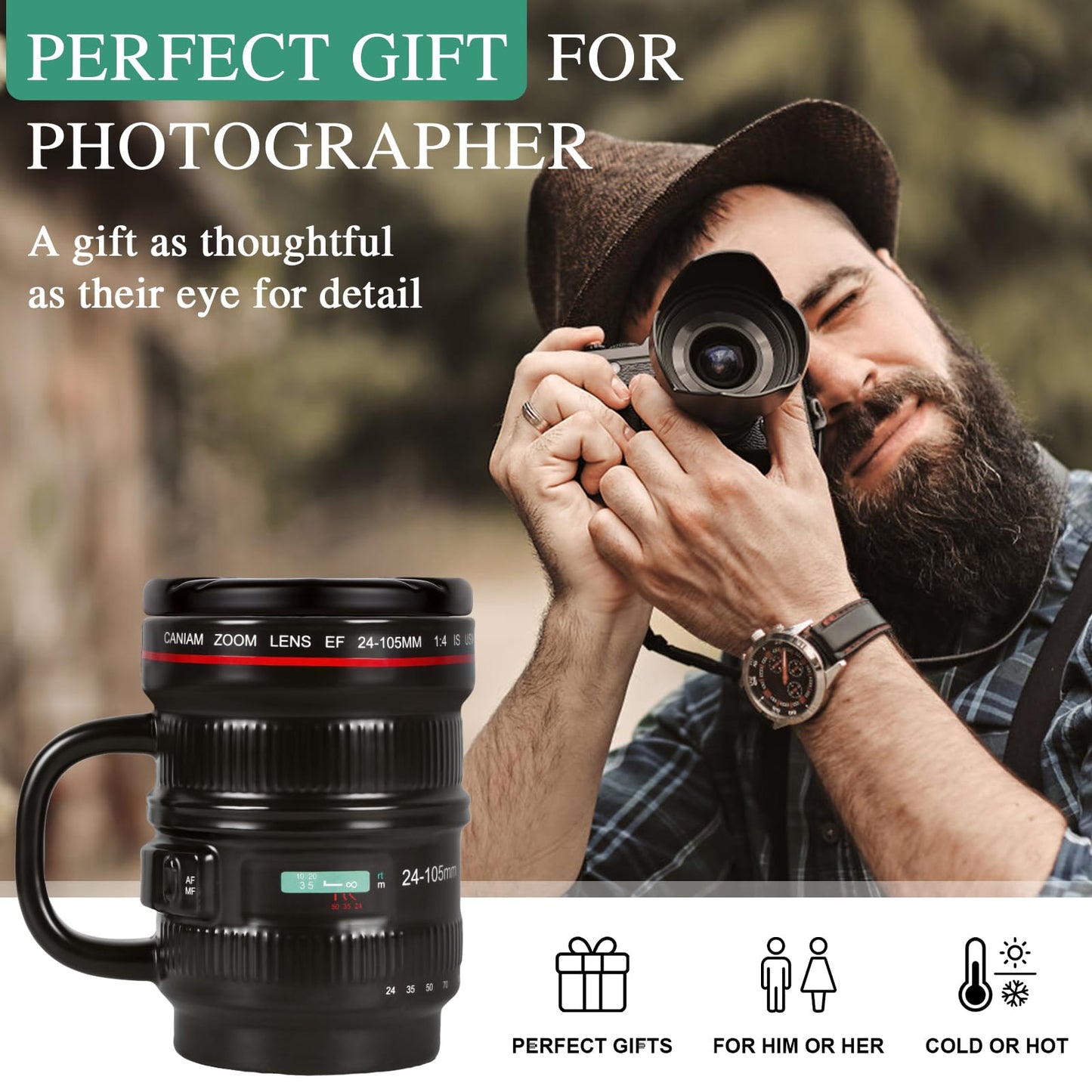 Cabtnca 16Oz Camera Lens Coffee Mug, Cool Photography Gifts for Photographers Christmas, Funny Ceramic Coffee Mug with Lid and Handle