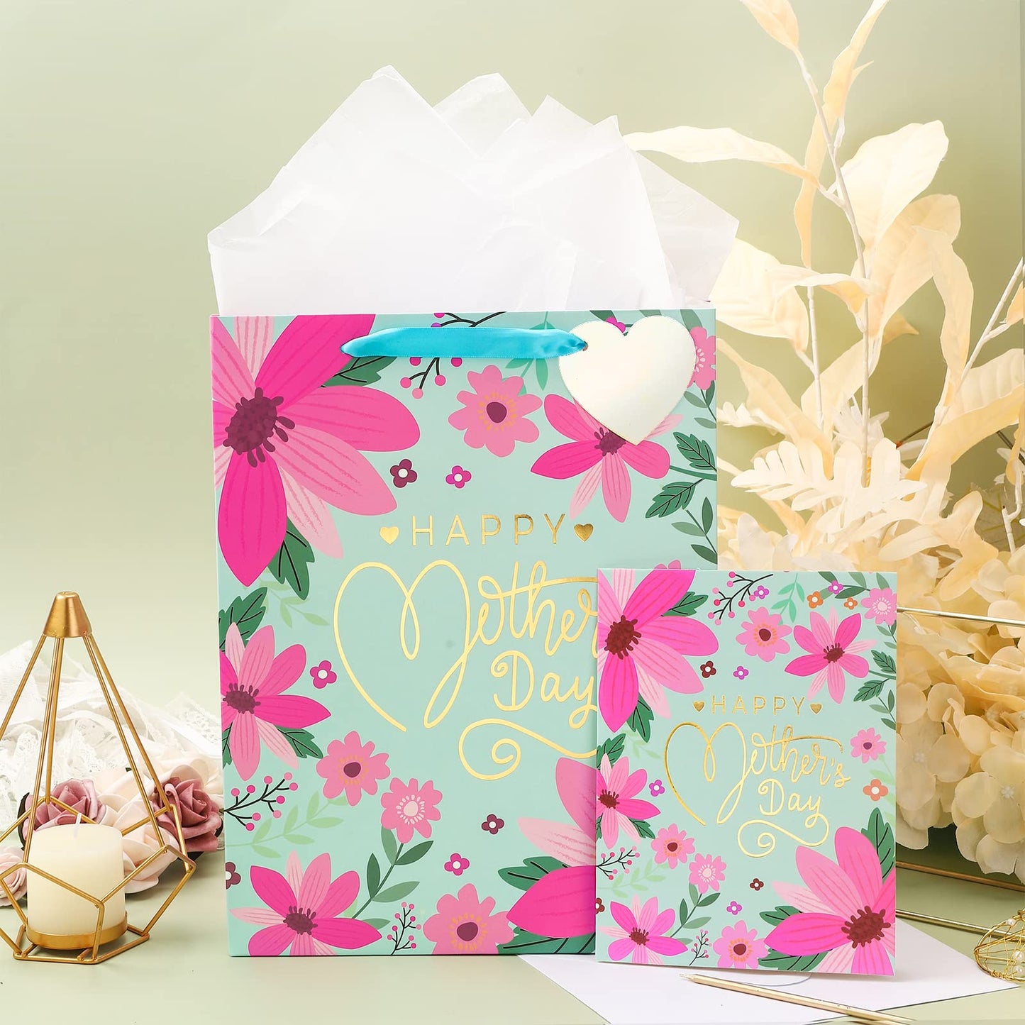 WRAPAHOLIC 13" Large Mother's Day Gift Bag with Card and Tissue Paper - Floral & Gold Foil Happy Mother's Day Lettering
