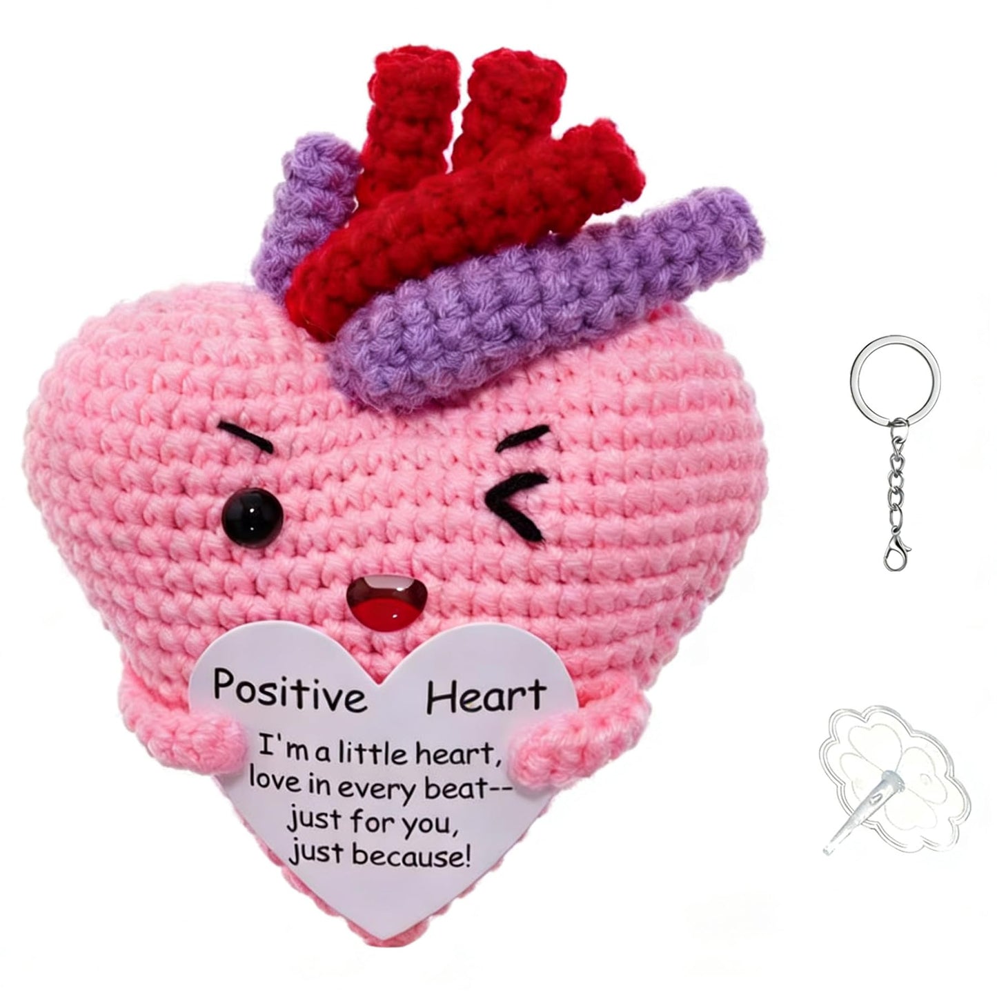 Emotional Support Positive Crochet Heart Handmade Gift and Desk Decor, Encouragement Present for Women Mother's Day Birthday Valentine's Day Galentines Multiple Holidays(Positive Heart)