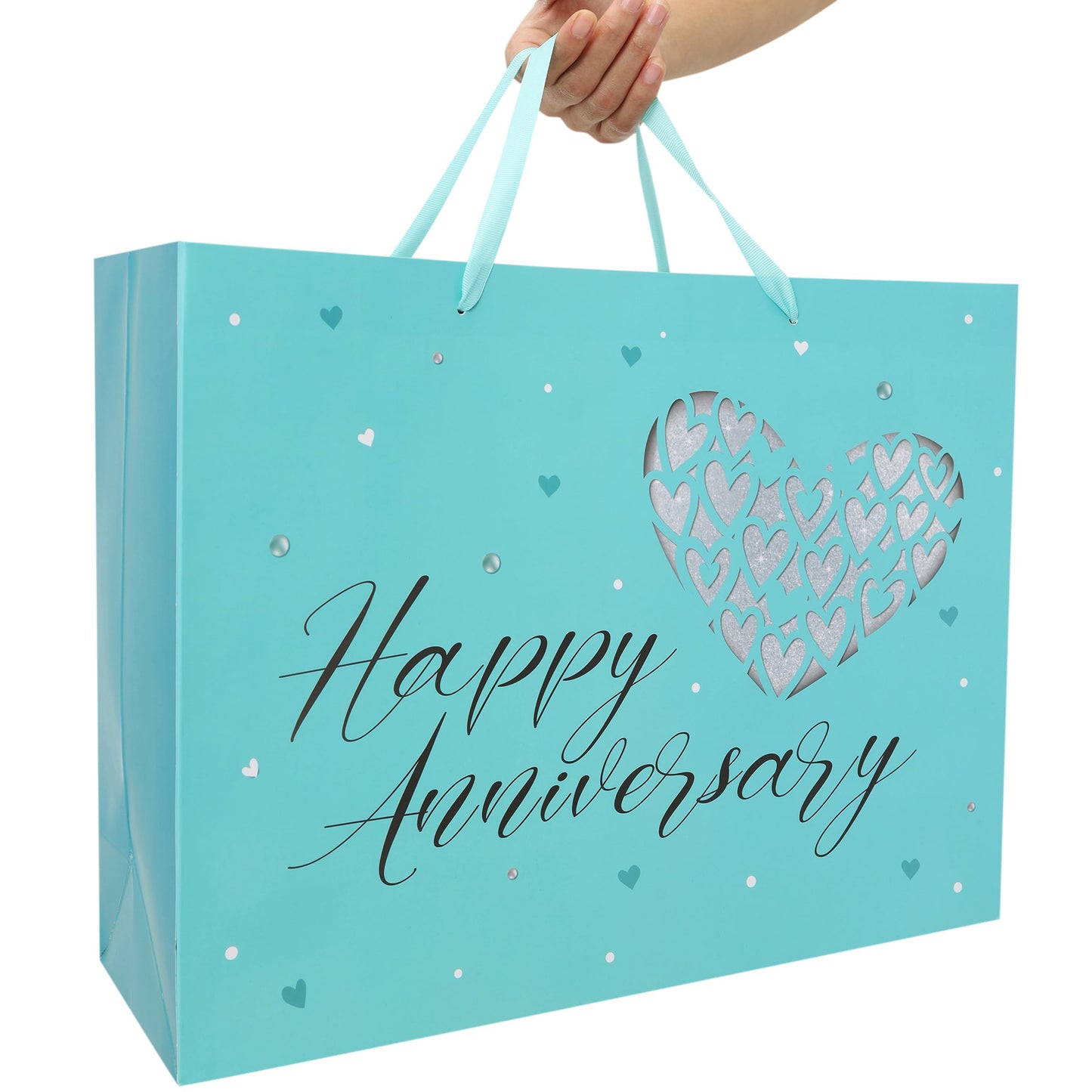 16.5” Extra Large Gift Bag Set with Handles, Greeting Card, Tissue Papers and Stickers for Valentine's Day, Anniversary Women Men Husband Wife Boyfriend Girlfriend or Romantic Partner, Heart Design, 1 Pcs