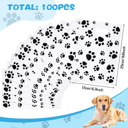 Pasimy 100 Pcs Dog Paw Gift Bags Bulk Pet Paw Puppy Plastic Treat Favor Candy Goodie Bags with Handle for Dog Birthday Party Decoration Supplies(White,Black)