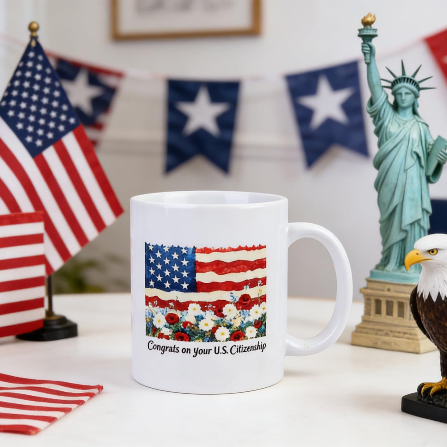 US Citizenship Gift Ideas, 2026 American Flag Flower Coffee Mug for New Citizen, Personalized Citizenship Cup Commemorative Gift for Men and Women, Ceramic