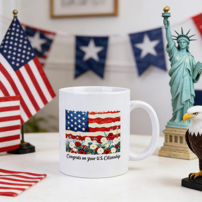 US Citizenship Gift Ideas, 2026 American Flag Flower Coffee Mug for New Citizen, Personalized Citizenship Cup Commemorative Gift for Men and Women, Ceramic