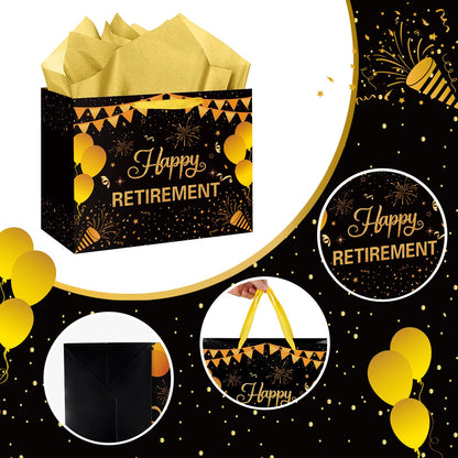 Hooqict Large Retirement Gift Bag Black Gold Happy Retirement Party Gift Bag with Handles, Wrapping Paper, Greeting Card for Men Women Coworker Teacher Farewell Going Away Party Favors