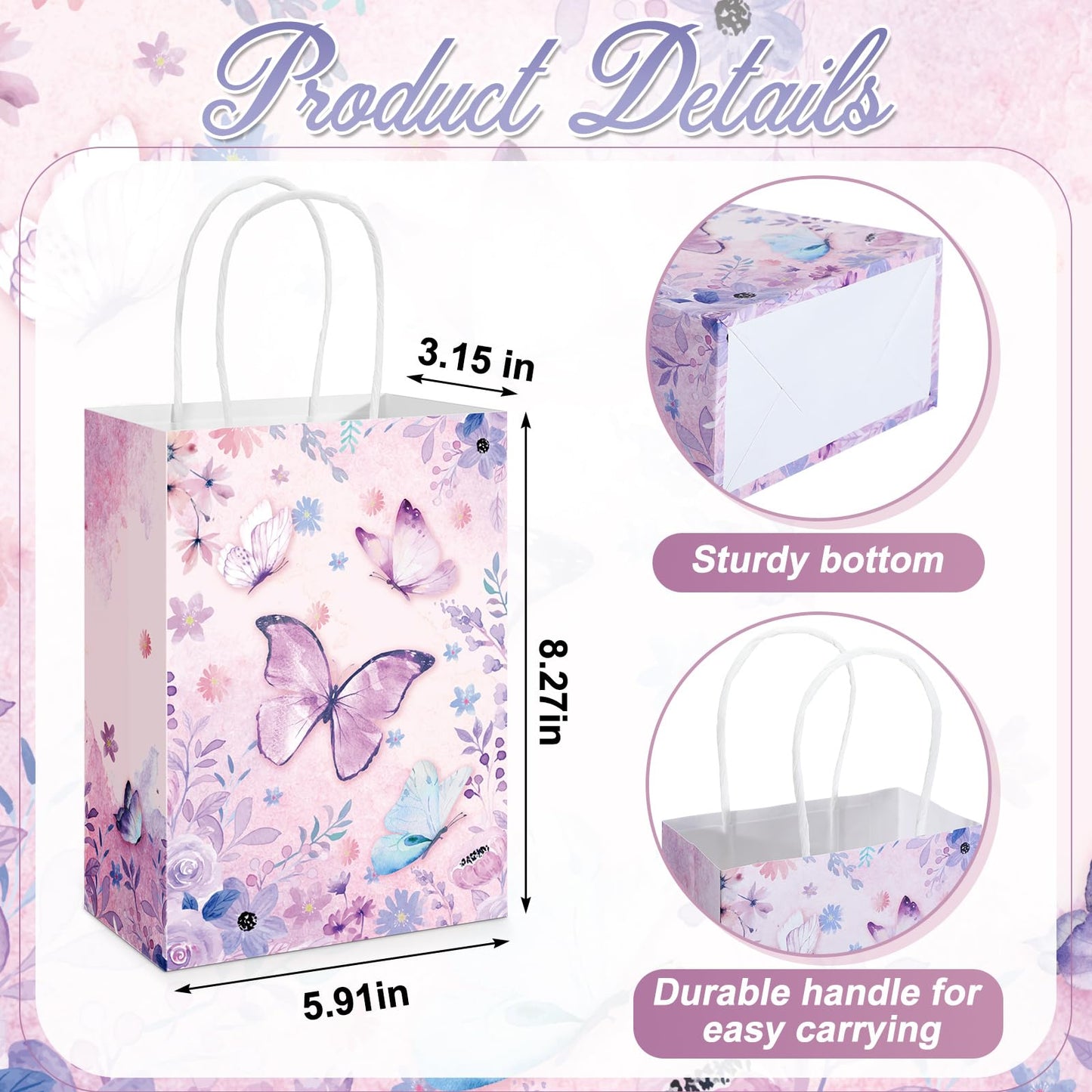 Kolldenn 30 Pcs Butterfly Birthday Party Favor Gifts Bags Candy Goodie Bags with Handles Pink Purple Butterfly Decorations Party Supplies for Girls Birthday Baby Shower Wedding(Romantic Purple)