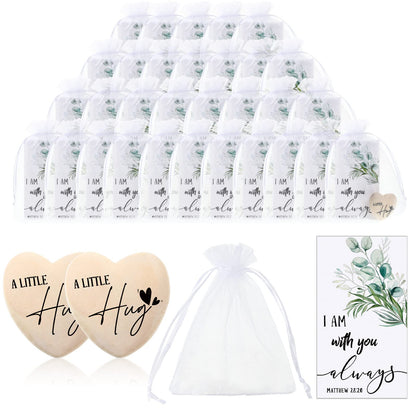 Bucherry 100 Sets Wooden Heart Pocket Hug Token with Bible Hug Card Organza Bag Bulk Student Pocket Reminder Keepsake Heart Charm for Family Friend Colleagues