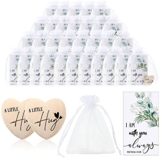 Bucherry 100 Sets Wooden Heart Pocket Hug Token with Bible Hug Card Organza Bag Bulk Student Pocket Reminder Keepsake Heart Charm for Family Friend Colleagues