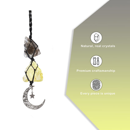 BOHO GARDEN Hanging Car Charm - Smoky Quartz & Citrine - Dangling Moon, Healing Crystal Accessories, Rearview Mirror Decorations ÐGrounding, Cleansing, Protection, Joy, Abundance, Clarity, Energy