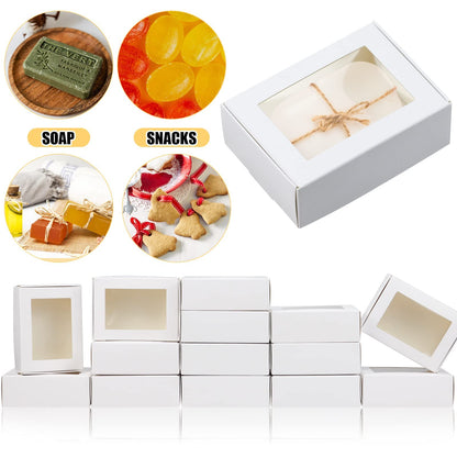 BadenBach 50 PCS Mini Kraft Boxes with Windows,3.33" x 2.35" x 1.18",Small Soap Box for Homemade Soap,Paper Small Gift Boxes Bulk for Candy Cookies Party Favors Mother's Day Supplies(White)