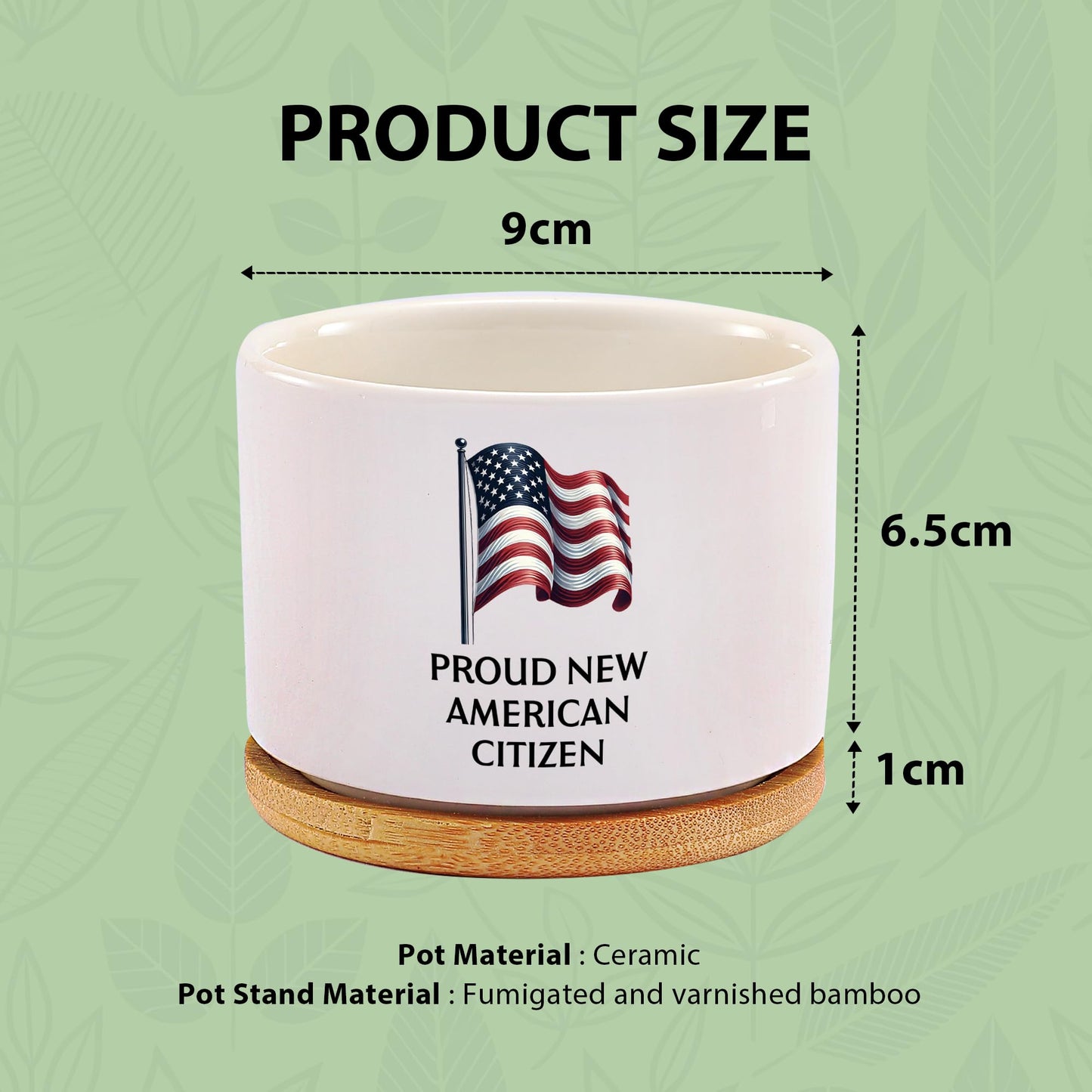 Proud New American Citizen US Citizenship Gifts Celebrations American Flag Ceramic Succulent Plant Pot with Bamboo Tray Round Plant Lover Gifts Home Office Decor 3.5 Inch White (No Plants)