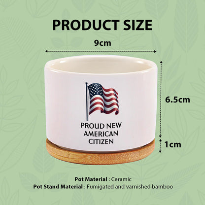 Proud New American Citizen US Citizenship Gifts Celebrations American Flag Ceramic Succulent Plant Pot with Bamboo Tray Round Plant Lover Gifts Home Office Decor 3.5 Inch White (No Plants)