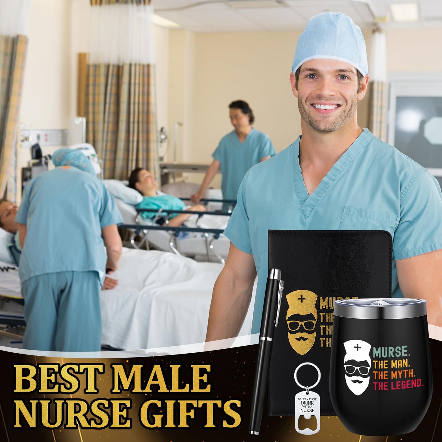 Reallnaive 6 Pcs Nurse Gifts for Men Nurse Week Appreciation Gifts 12 oz Stainless Steel Cup Socks Keychain Pen Notebook Box for Male Rn Cna Lpn Rg Practitioner Medical Assistant Nursing