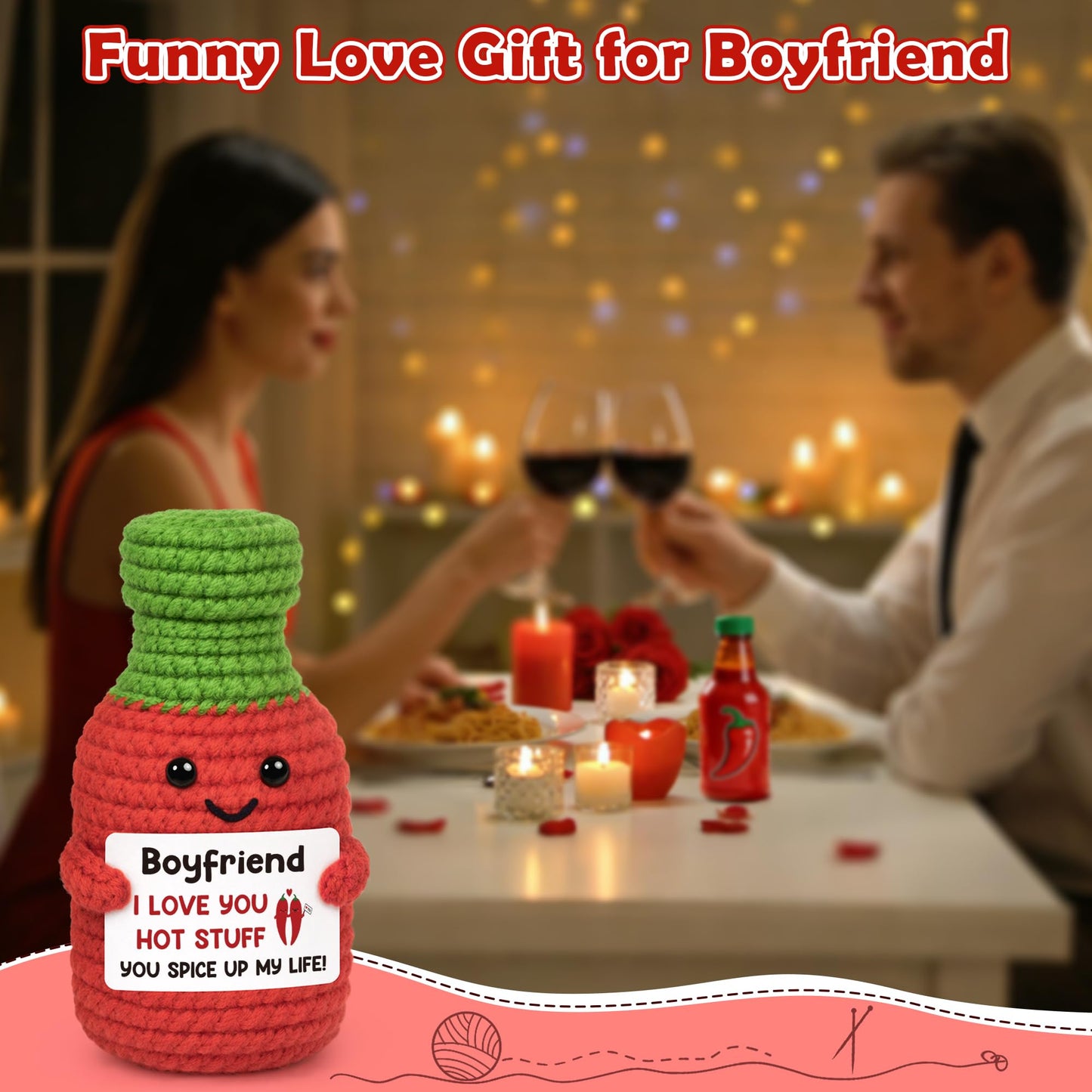 Anniversary Men Gifts for Boyfriend Him Birthday for Boyfriend from Girlfriend, I Love You Boyfriend's Sweet Day Romantic Gift Funny Handmade Crochet Hot Sauce Gift for Couple